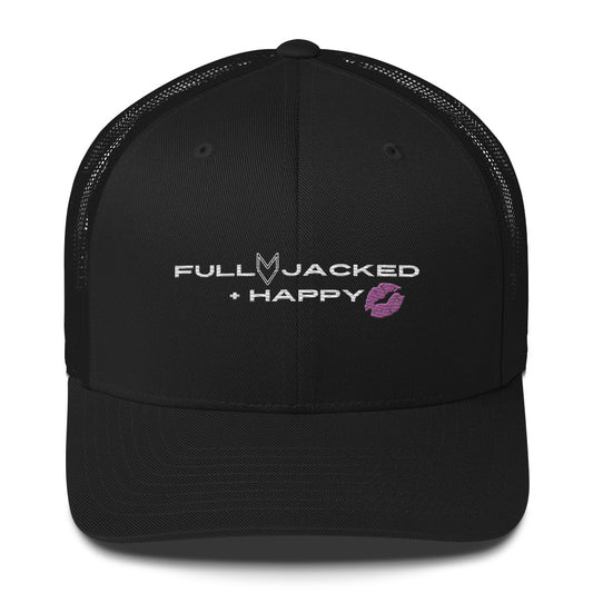 MyVibe “Full, Jacked + Happy” embroidered trucker hat with mesh back