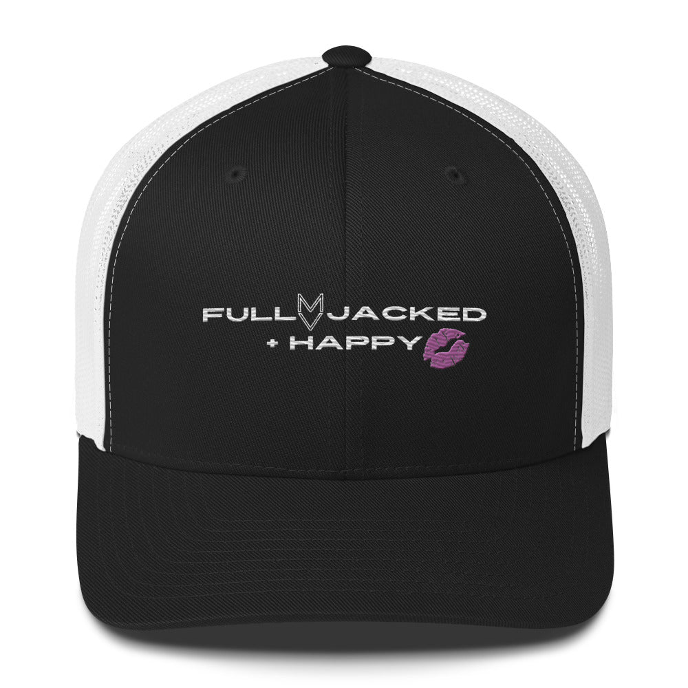 MyVibe “Full, Jacked + Happy” embroidered trucker hat with mesh back