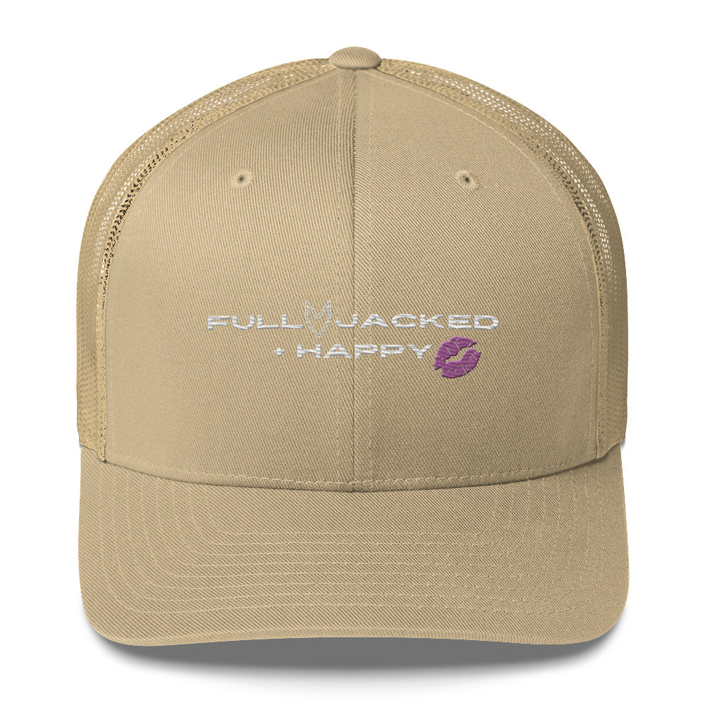 MyVibe “Full, Jacked + Happy” embroidered trucker hat with mesh back