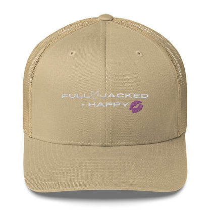 MyVibe “Full, Jacked + Happy” embroidered trucker hat with mesh back