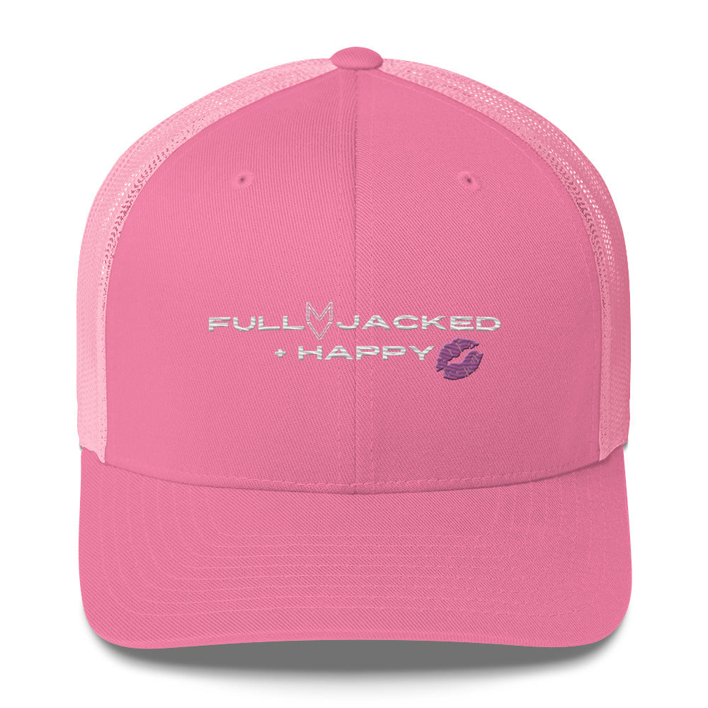 MyVibe “Full, Jacked + Happy” embroidered trucker hat with mesh back