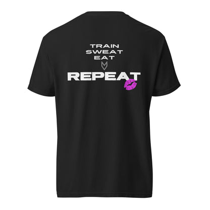 “Train, Sweat, Eat, Repeat” Pump Cover, oversized gym tee by MyVibe Apparel