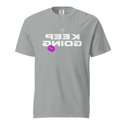 “Keep Going” Mirror Print Pump Cover, reverse-printed gym tee by MyVibe Apparel
