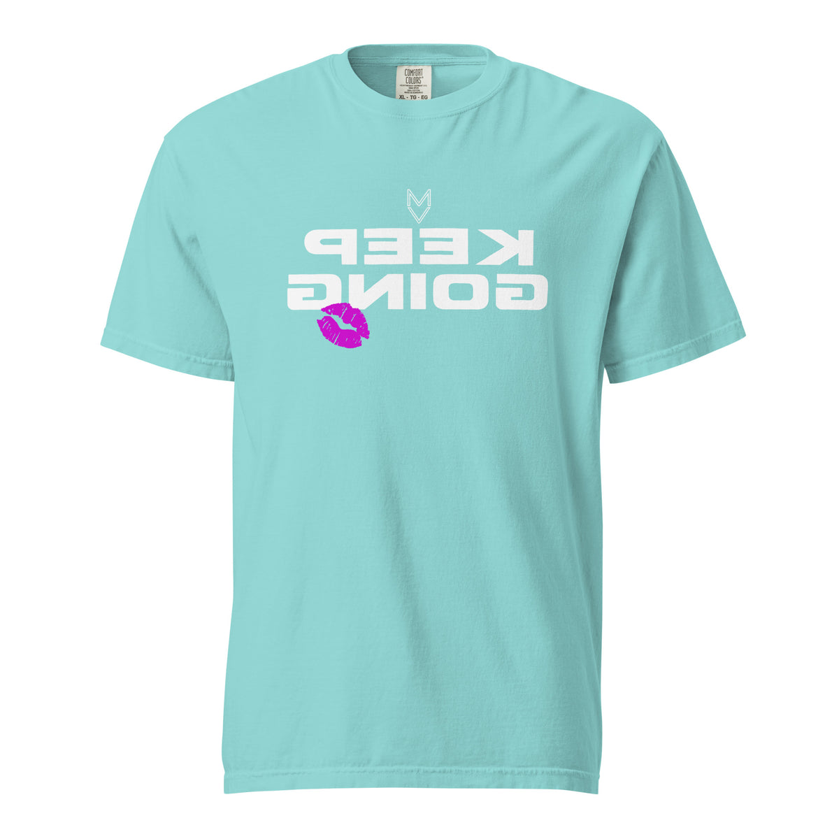 “Keep Going” Mirror Print Pump Cover, reverse-printed gym tee by MyVibe Apparel