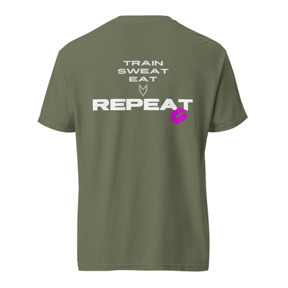 “Train, Sweat, Eat, Repeat” Pump Cover, oversized gym tee by MyVibe Apparel
