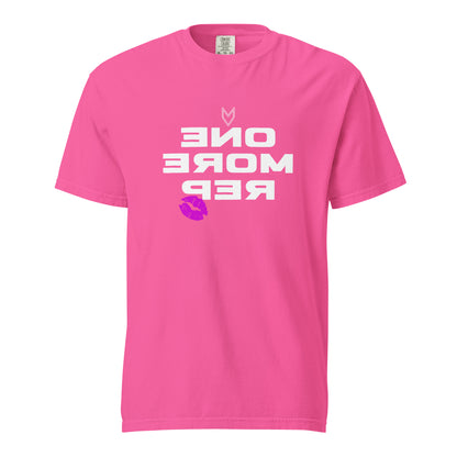 “One More Rep” Mirror Print Pump Cover, reverse-printed gym tee by MyVibe Apparel