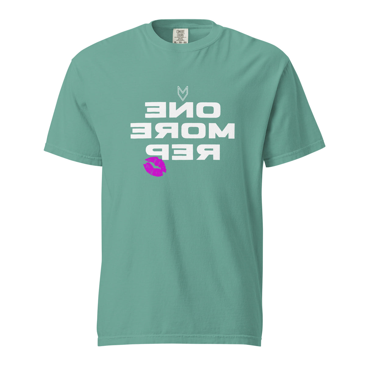 “One More Rep” Mirror Print Pump Cover, reverse-printed gym tee by MyVibe Apparel