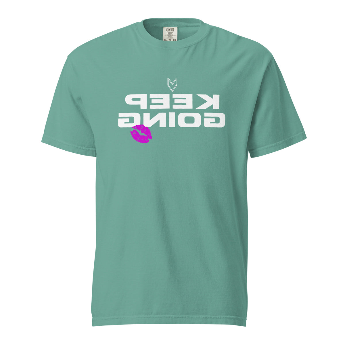 “Keep Going” Mirror Print Pump Cover, reverse-printed gym tee by MyVibe Apparel