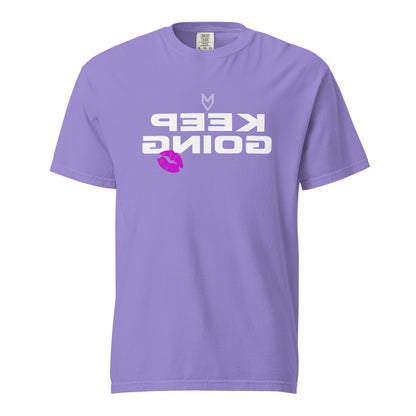 “Keep Going” Mirror Print Pump Cover, reverse-printed gym tee by MyVibe Apparel